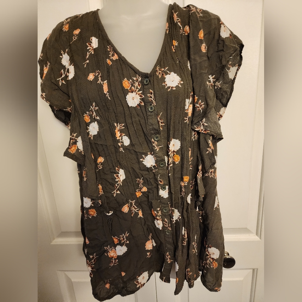 Torrid Olive Floral Button-Down Blouse